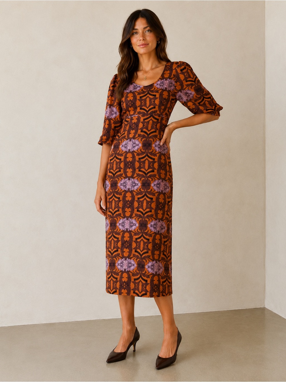 Vakko Silk Blend Baroque Floral Print Midi Dress Italy Size 38 / US 2 Sheath
